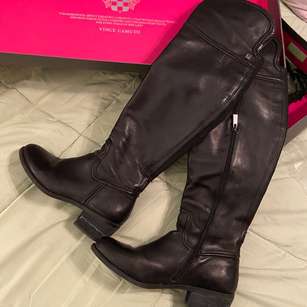 Vince Camuto Black Leather knee high heeled boots